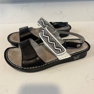 Black and White Allegra Sandals with Patterned Strap